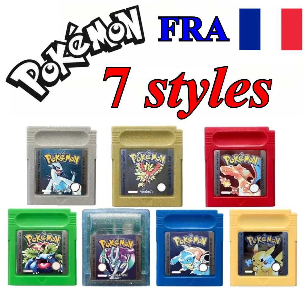 Cartes de jeu Pokémon FRA français 7 styles Gris/Rouge/Jaune/Or/Cristal/Bleu/Vert pour GBC GBA SP Haute Qualité Game Paradise