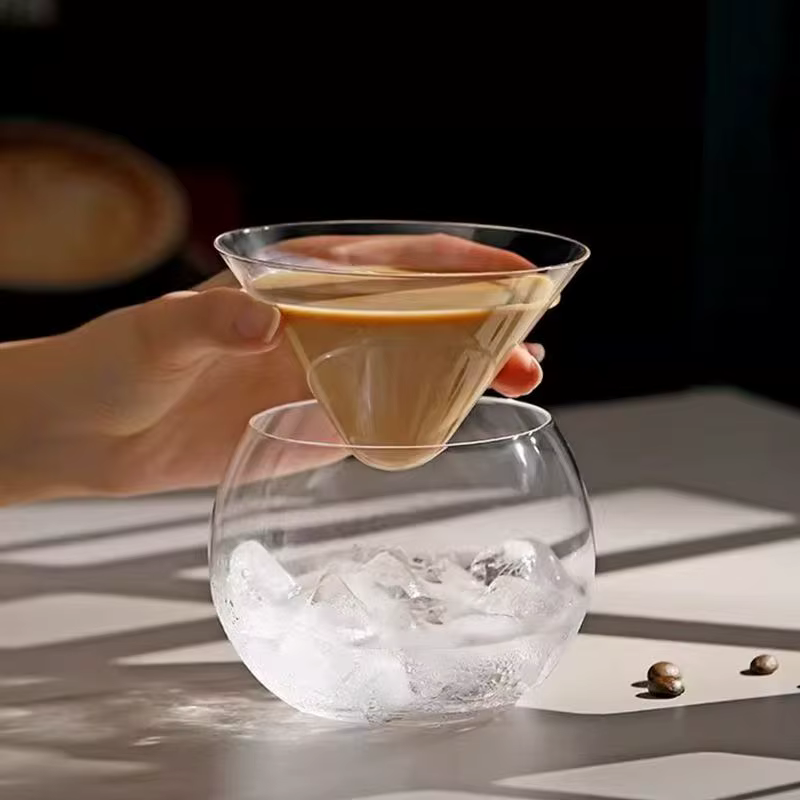 Verres à Cocktail Martini sans tige, avec refroidisseur, plat de service avec support à glace, ensemble de serveur de Caviar en verre, refroidisseur de Cocktail pour liqueur