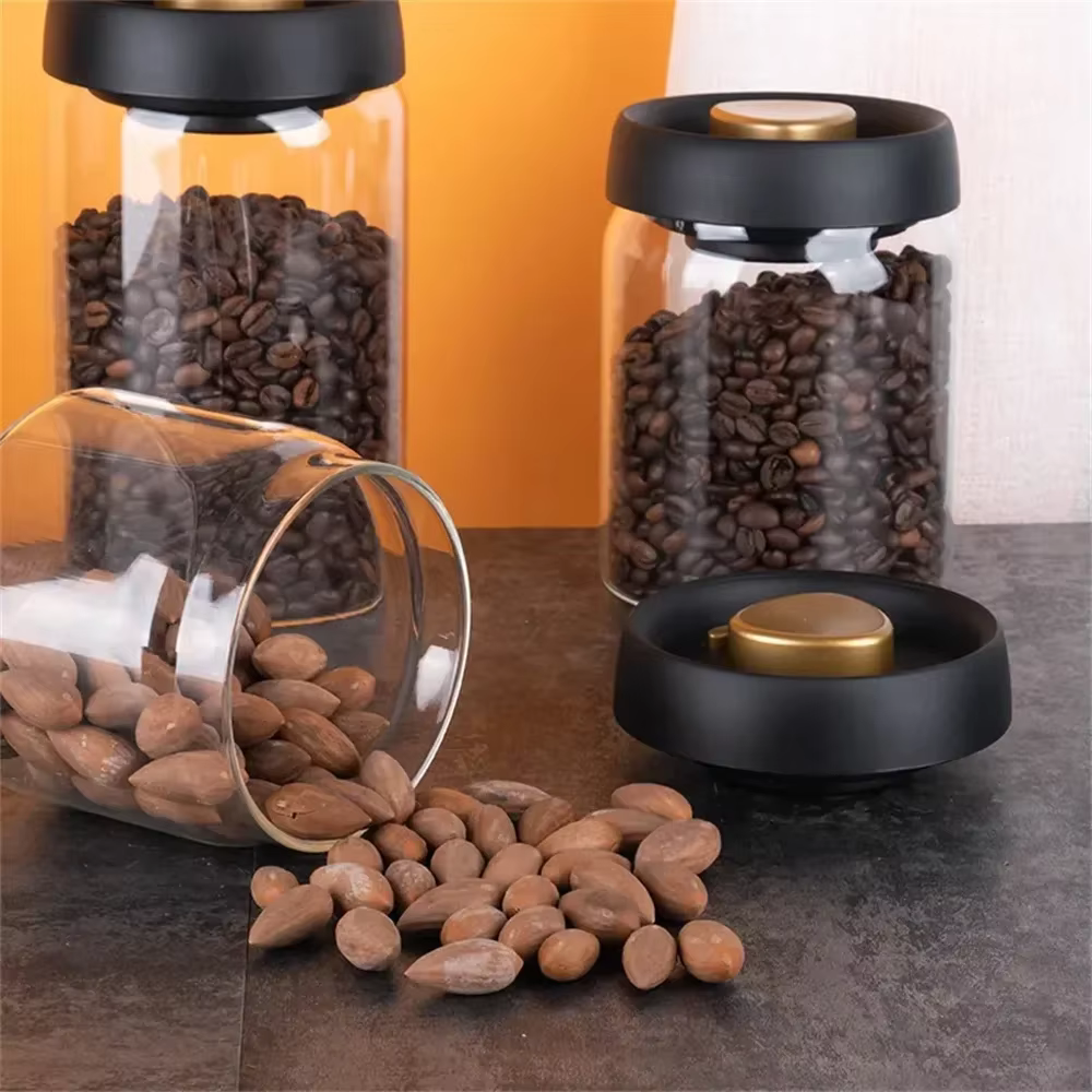 1 boîte de rangement pour grains de café avec couvercle hermétique et système de pression sous vide en verre