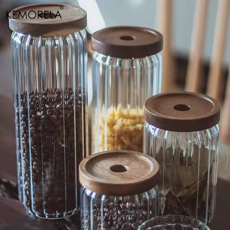 Pot de stockage en verre avec couvercle en bois d'acacia