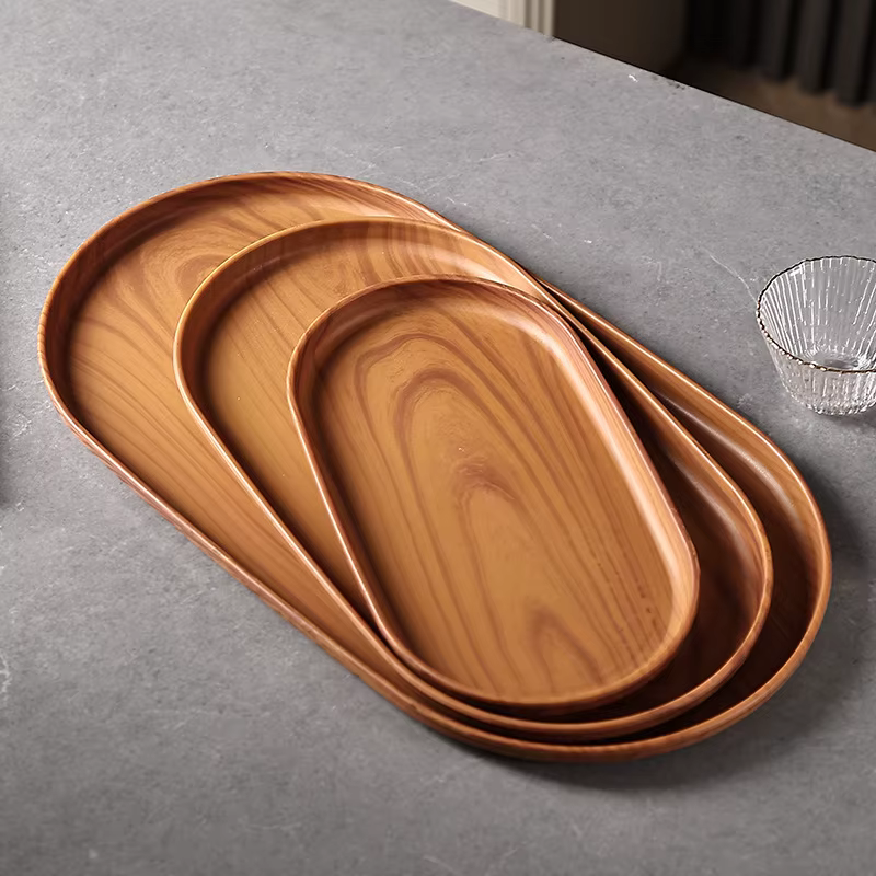 Vaisselle en plastique Grain de bois plateau alimentaire rond Rectangle assiette à Dessert style japonais Snack fruits thé soucoupe palette planche à pain