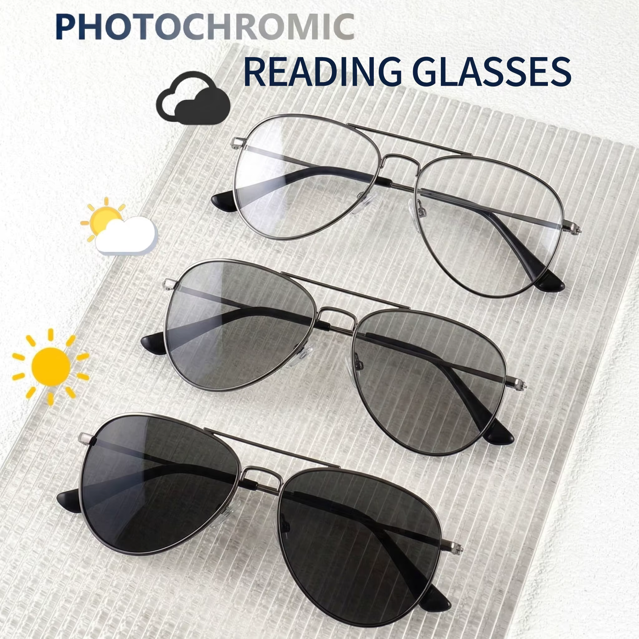 Lunettes de lecture photochromiques multifocales progressives, style aviateur à grande monture élégante, vision claire, confortables à porter, adaptées aux hommes et aux femmes.