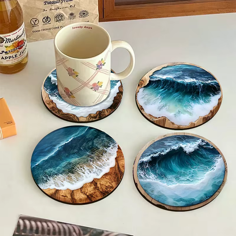 Ensemble de dessous de verre et de napperons ronds en bois bleu océan