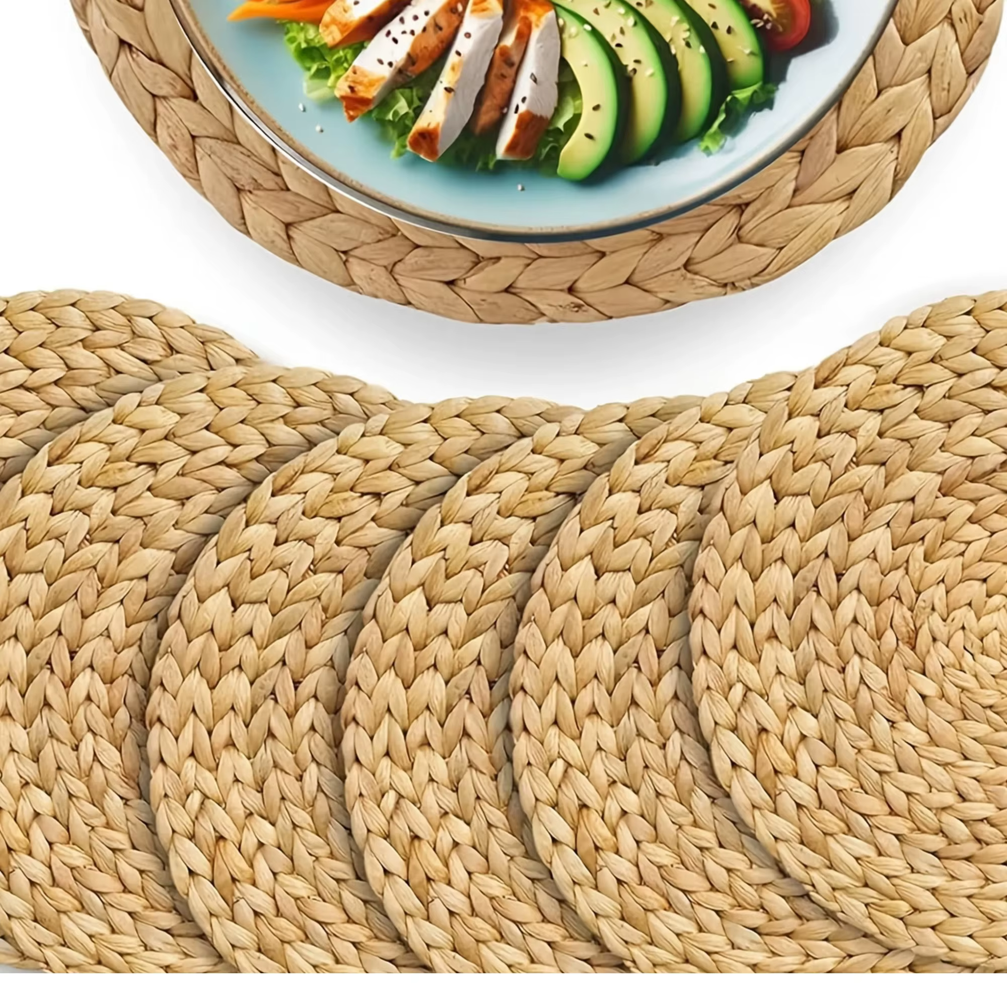 Napperons en rotin tissés à la main de 6 pièces – tapis de table ronds tissés