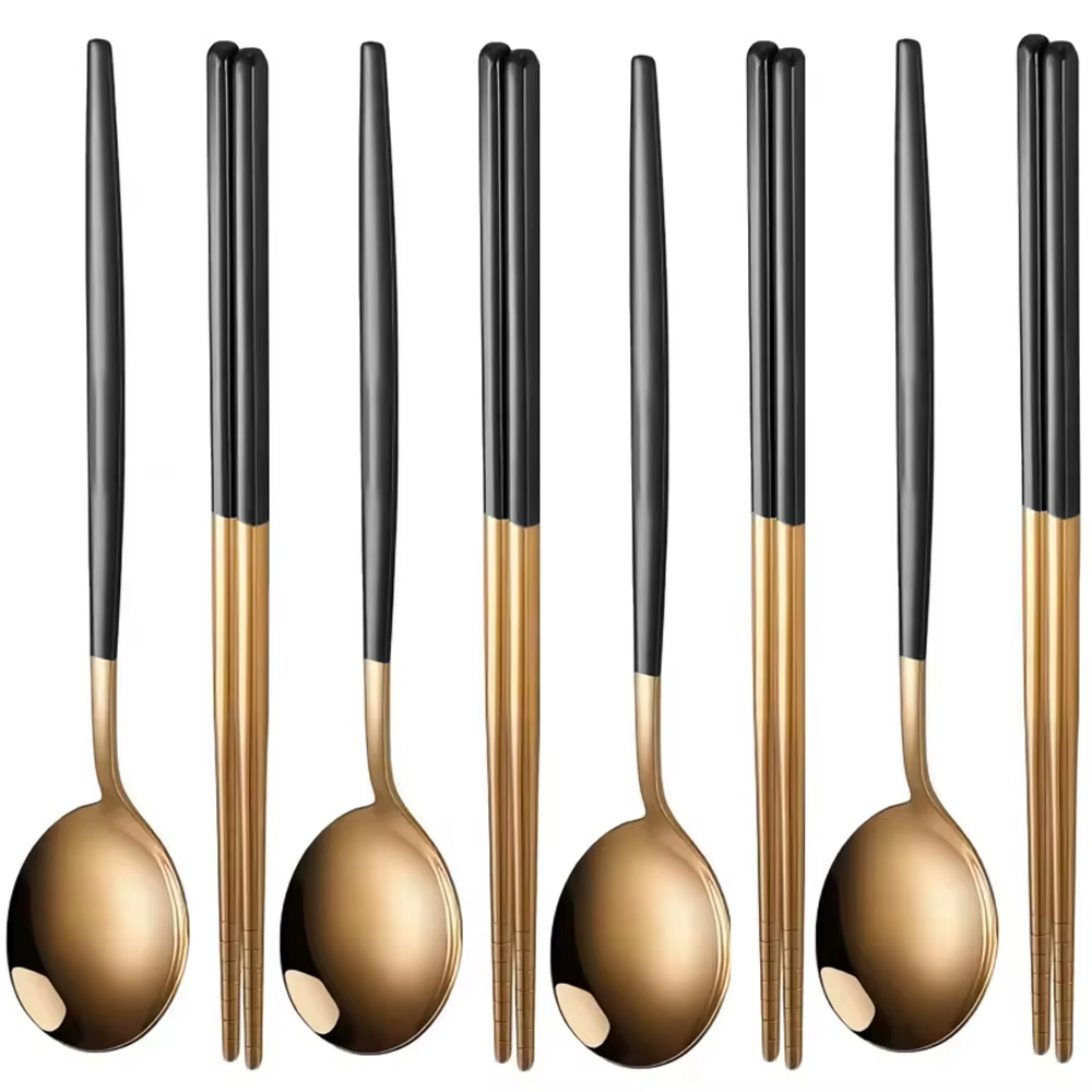 4 pièces ménage noir or ensemble de couverts baguettes cuillère or acier inoxydable cuisine vaisselle