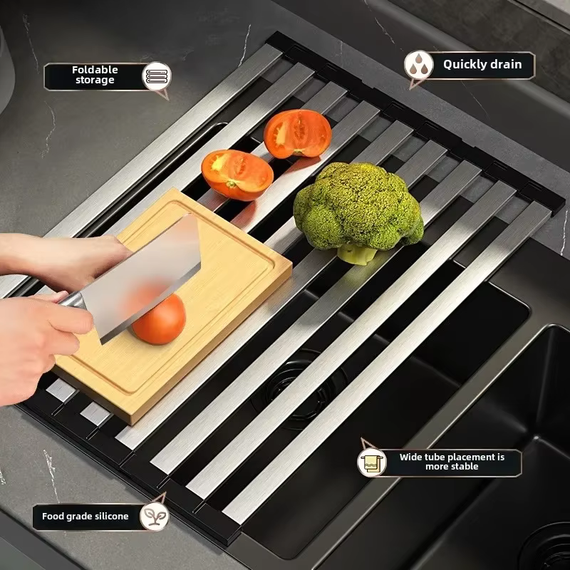 Égouttoir à vaisselle pliable et extensible en acier inoxydable 304 pour évier de cuisine