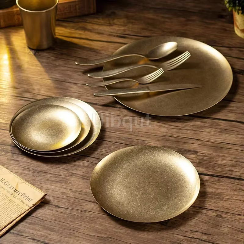 Assiette à dîner en métal de Style industriel Vintage doré