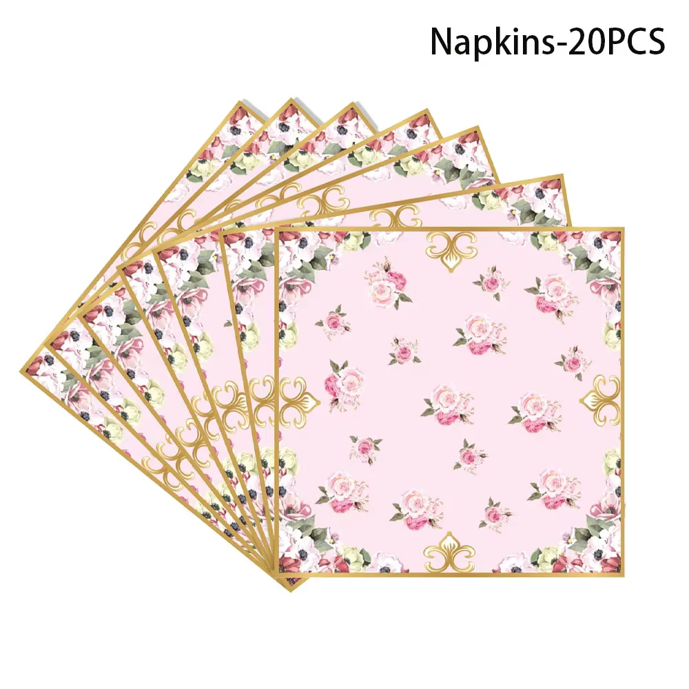 Vaisselle Jetable Thème Thé Rétro Filles Anniversaire Fleurs Assiettes En Papier Tasses Serviettes EVJF Mariage Décoration Élégante Fête Prénuptiale Baby Shower Fournitures De Table Floral Romantique