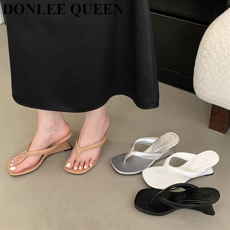 Marque de mode talon compensé pantoufle diapositives femmes pince orteil tongs bande étroite sandales chaussures décontracté femme pantoufle Sandalia Mujer