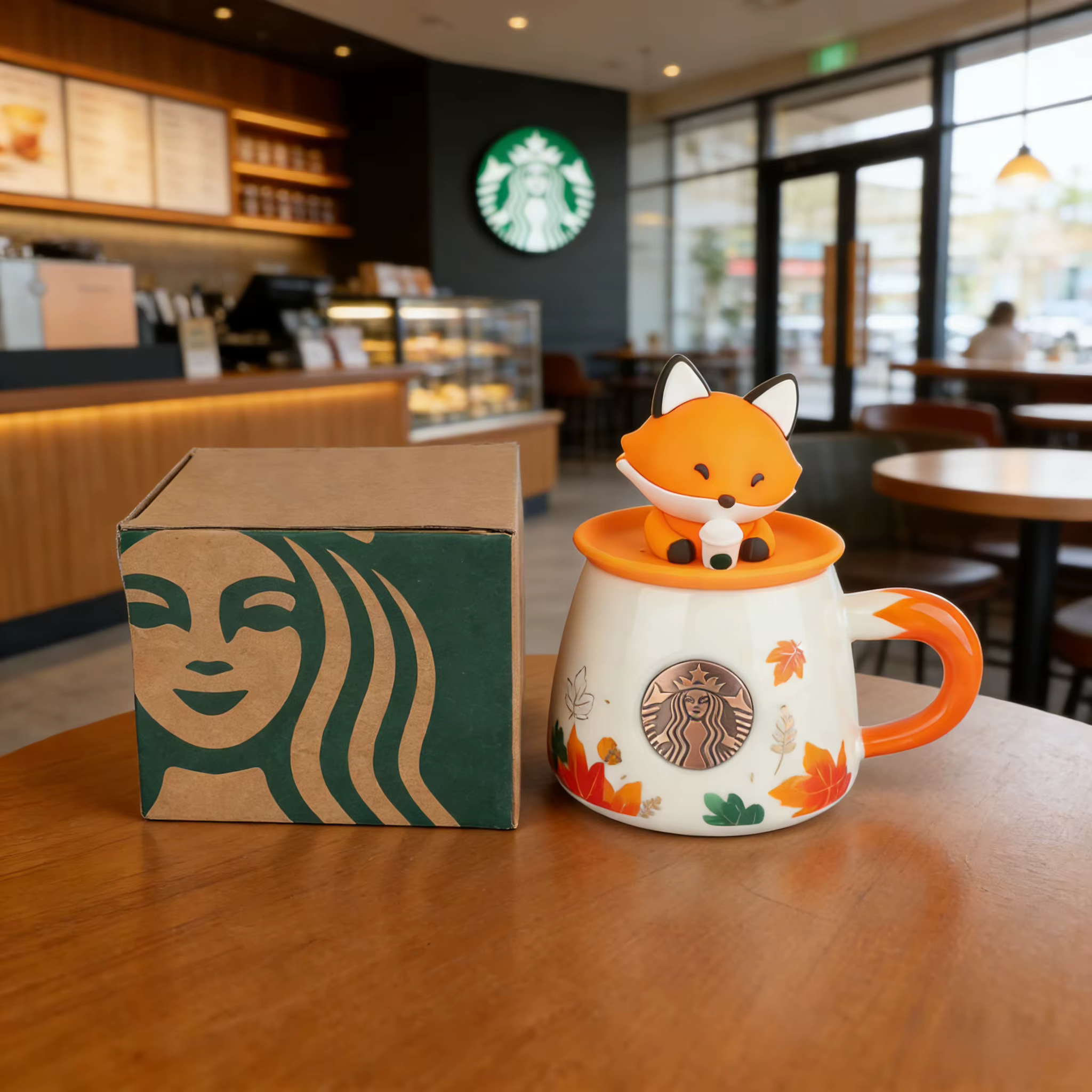 Tasse Starbucks Autumn Forest Cute Fox 300ml en céramique avec motif feuille d'érable pour café et eau