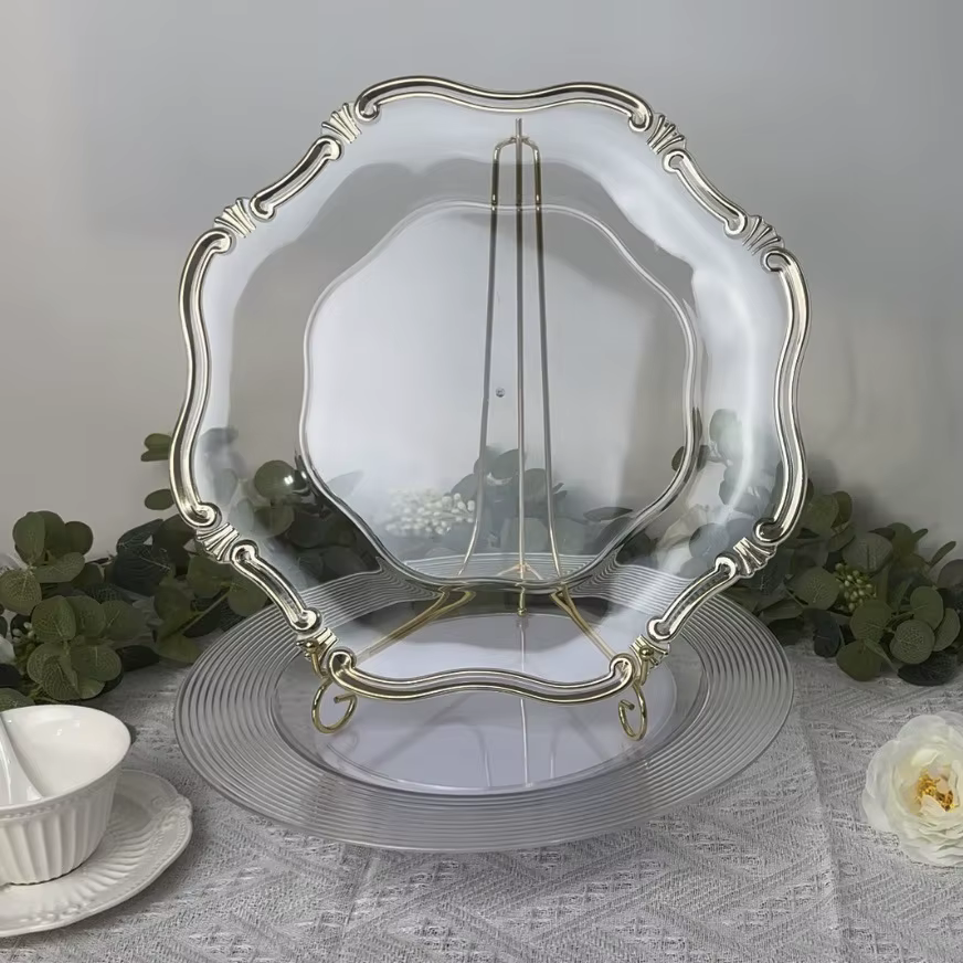 50 assiettes décoratives rondes transparentes avec bord doré