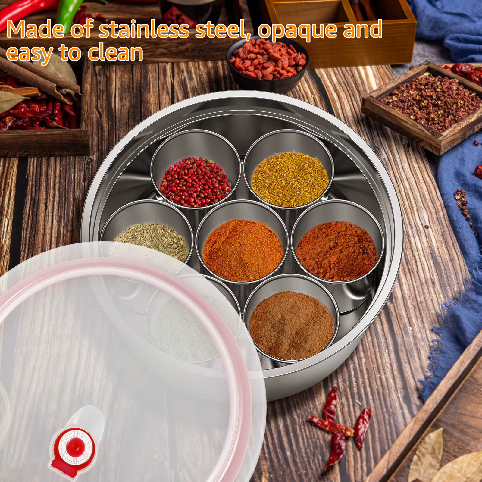 Masala Dabba Boîte à épices Récipient de stockage d'épices en acier inoxydable avec 7 compartiments