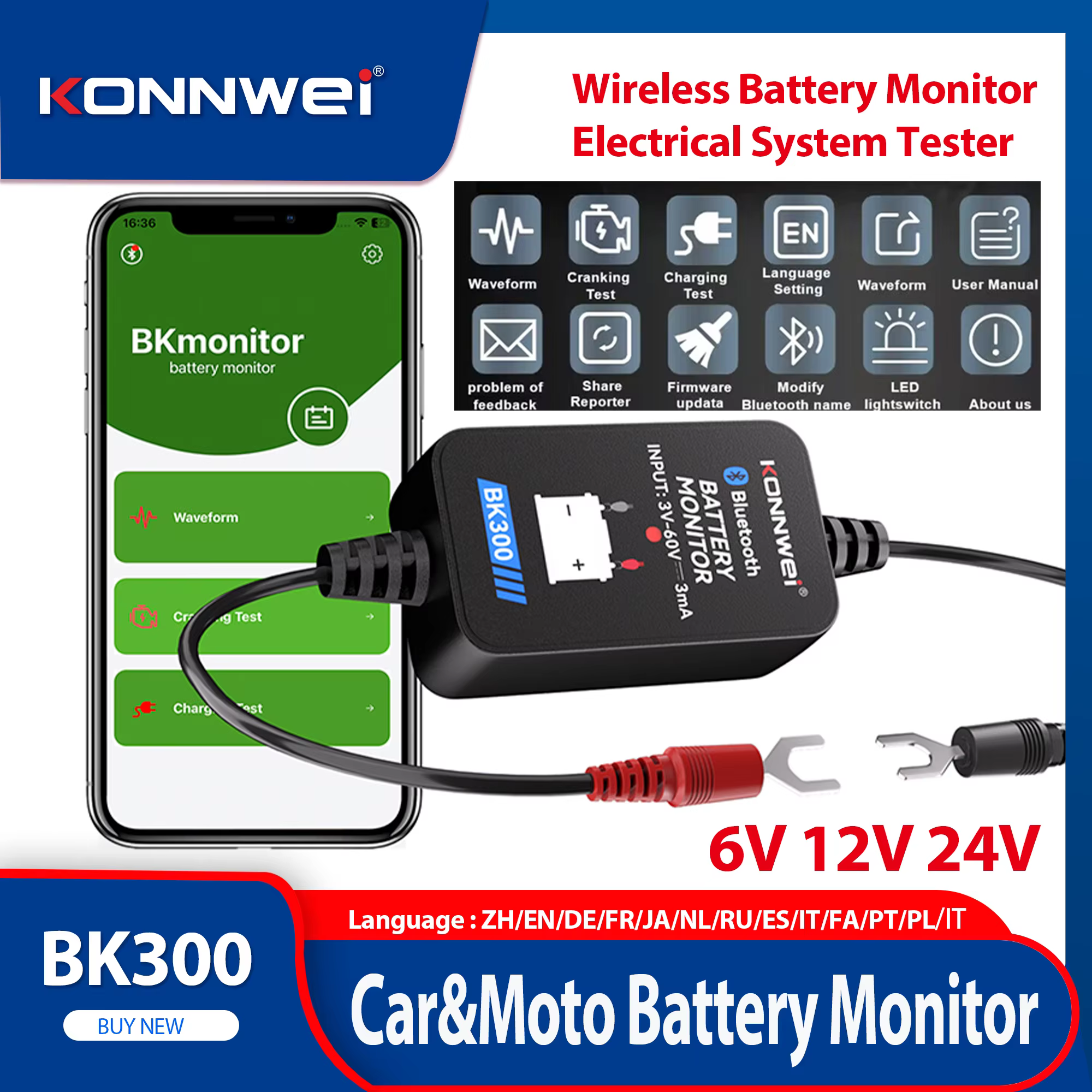 Moniteur de Batterie de Voiture KONNWEI BK300 2026 – Outil de Surveillance Sans Fil Bluetooth 5.0 pour la Santé de la Batterie, Testeur de Batterie pour Android et iOS