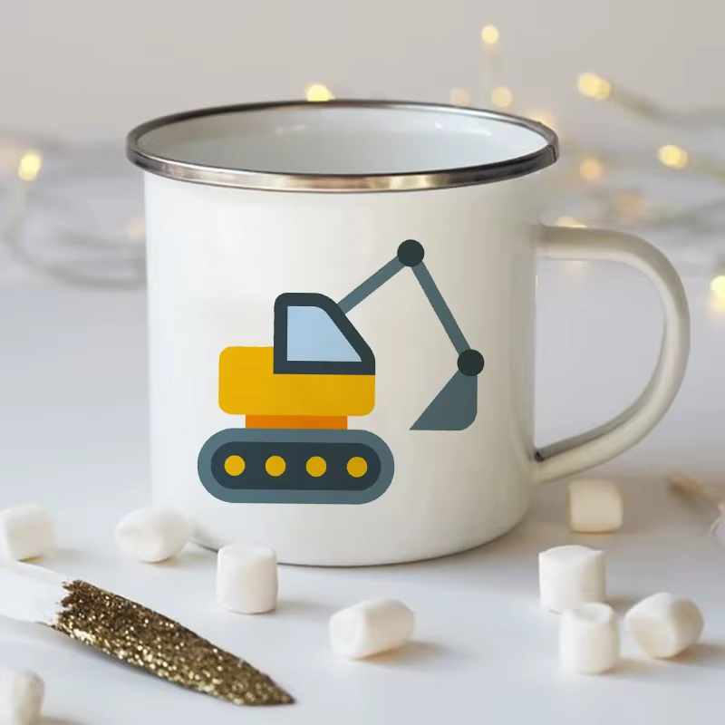 Tasses à café pour le petit-déjeuner, tasses à bière, tasses à thé, mugs en émail, vaisselle à boisson, avec motif d'excavatrice de dessin animé, amusantes, de voyage, mignonnes, originales, style ani