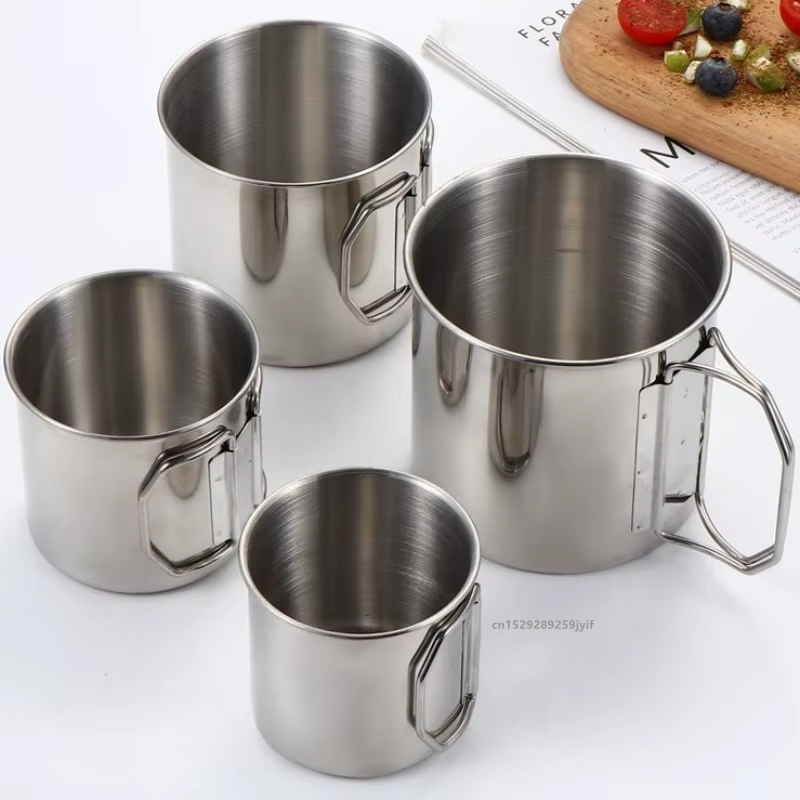 Tasse de Camping en acier inoxydable, 250/350/500/700ml, tasses d'alpinisme portables avec poignée pliable, tasse d'eau extérieure, verres