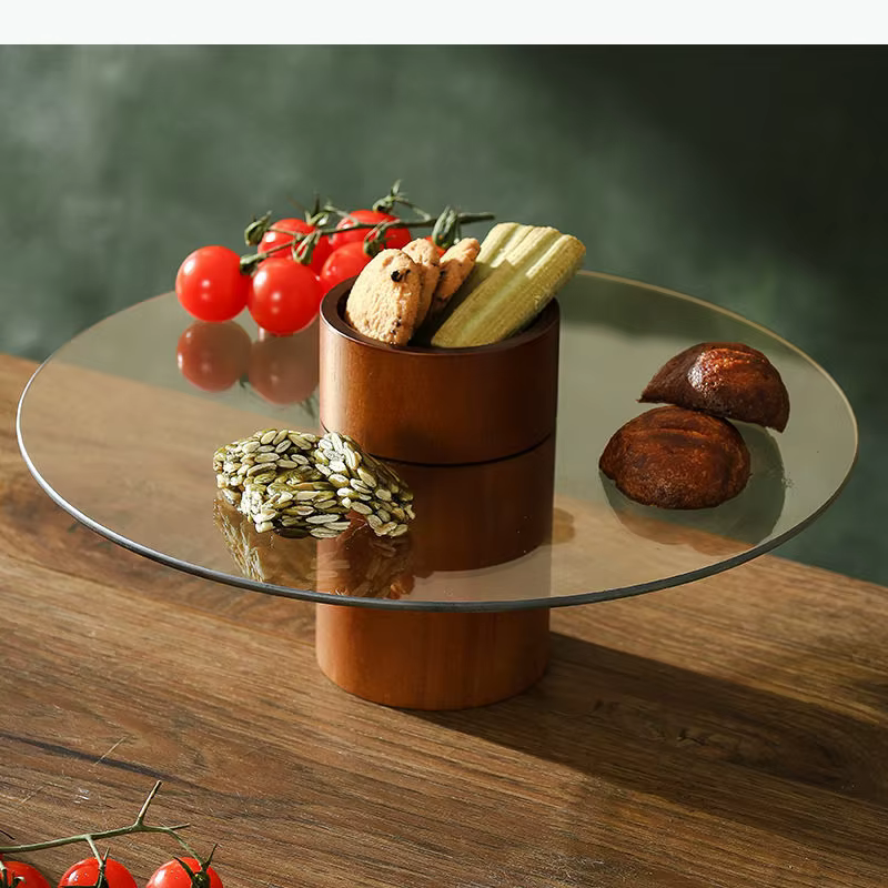 Plateau à gâteau en bois massif et verre, assiette à dessert sur pied, assiettes à pâtisserie, support à gâteau, assiette à fruits, plat à dim sum, assiette à pain, bol à snacks