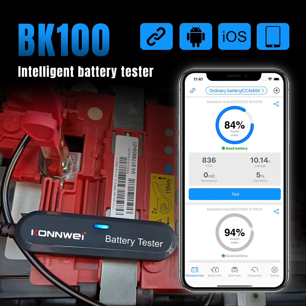 Testeur de batterie KONNWEI BK200 pour voiture, moto, camion, Bluetooth 5.0, analyseur de batterie 6V 12V 24V, outil de test de charge et de démarrage 2000 CCA