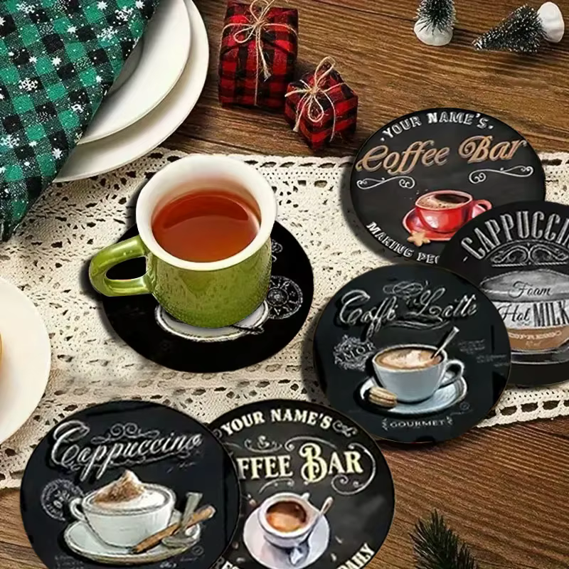 6 ensembles de sous-verres antidérapants en bois avec motifs de tasses à café