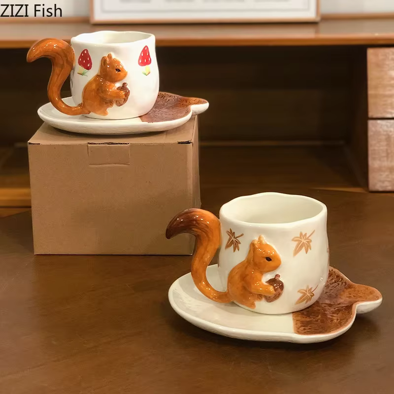 Tasse et soucoupe en porcelaine en Relief de feuille d'érable d'écureuil