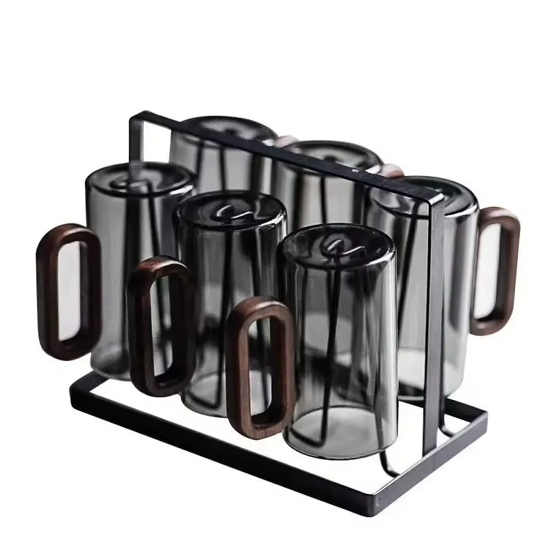 Tasses à thé en verre borosilicate haute résistance à couche unique avec poignée en bois gris fumé