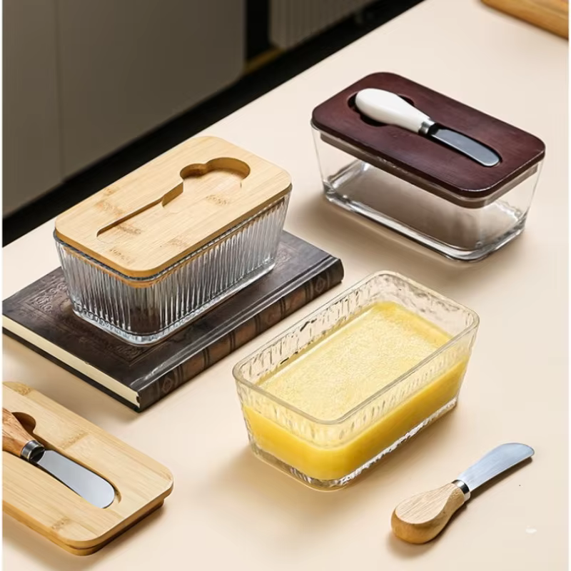 Porte-beurre en verre avec couvercle et couteau à beurre