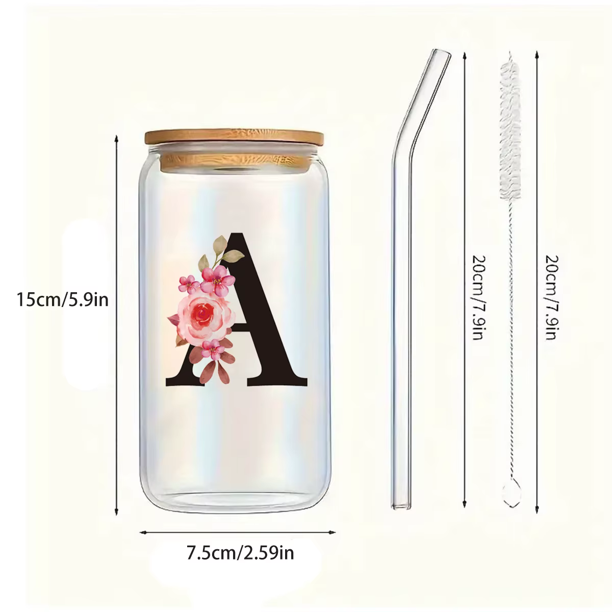500ml Lettre Fleur A-Z Café standardisation Bureau Maison 16OZ Verre Tasse Avec Bambou Veds et Paille Anniversaire