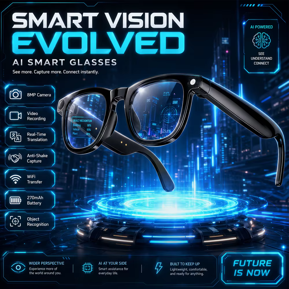 Nouvelles Lunettes Intelligentes 2026 : Assistant de Bureau IA, Traduction, Musique Sans Fil, Appels, Caméra HD 800W, Enregistrement Photo et Vidéo