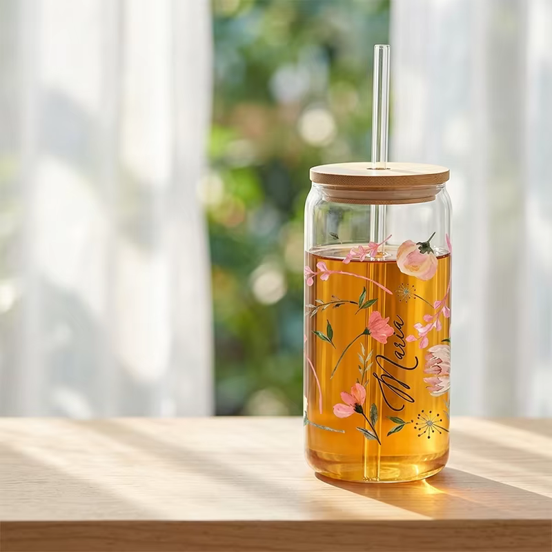 Tasses en verre personnalisées à motif floral 16oz avec couvercle et pailles