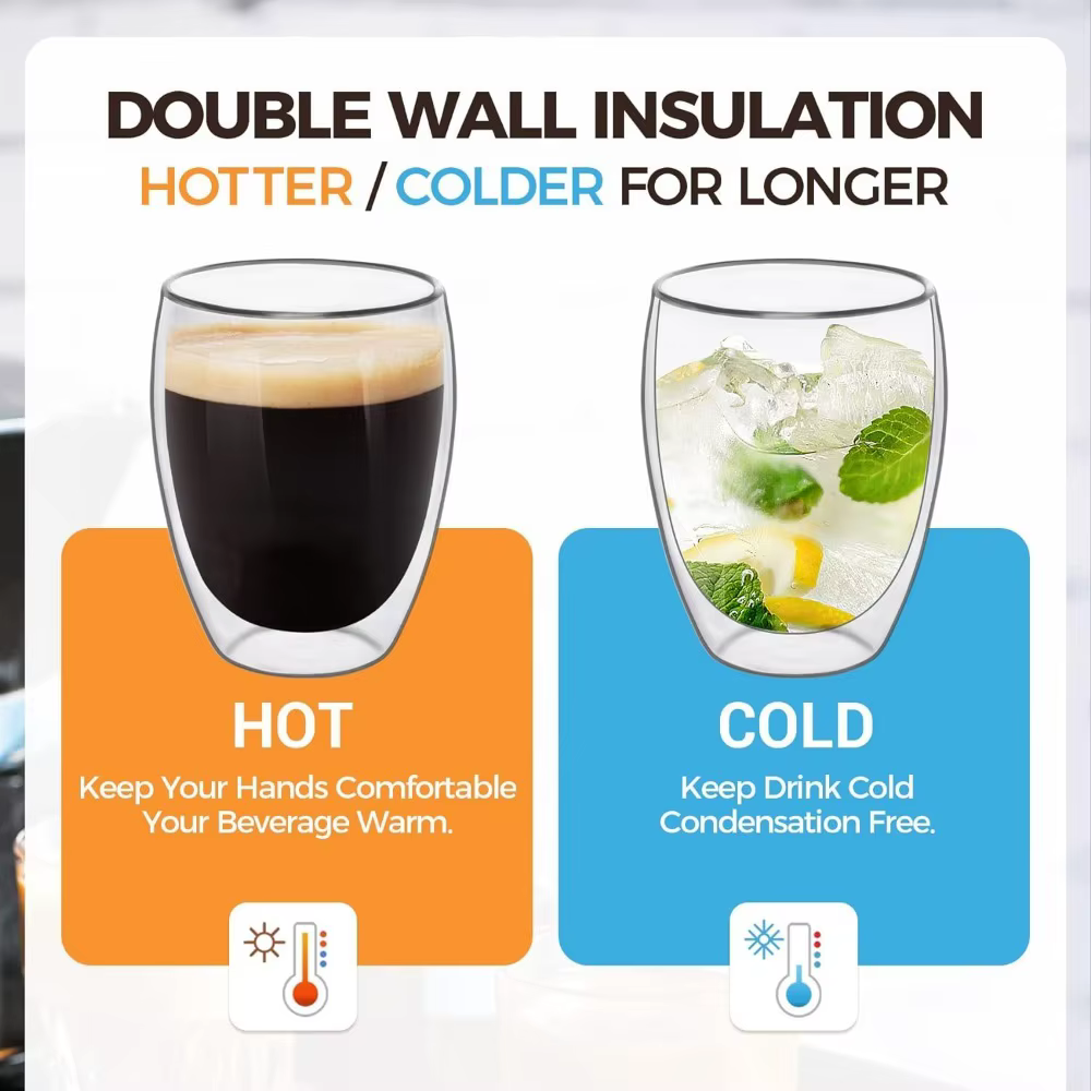 Lot de 6 tasses à café en verre transparent à double paroi de 60 ml/250 ml