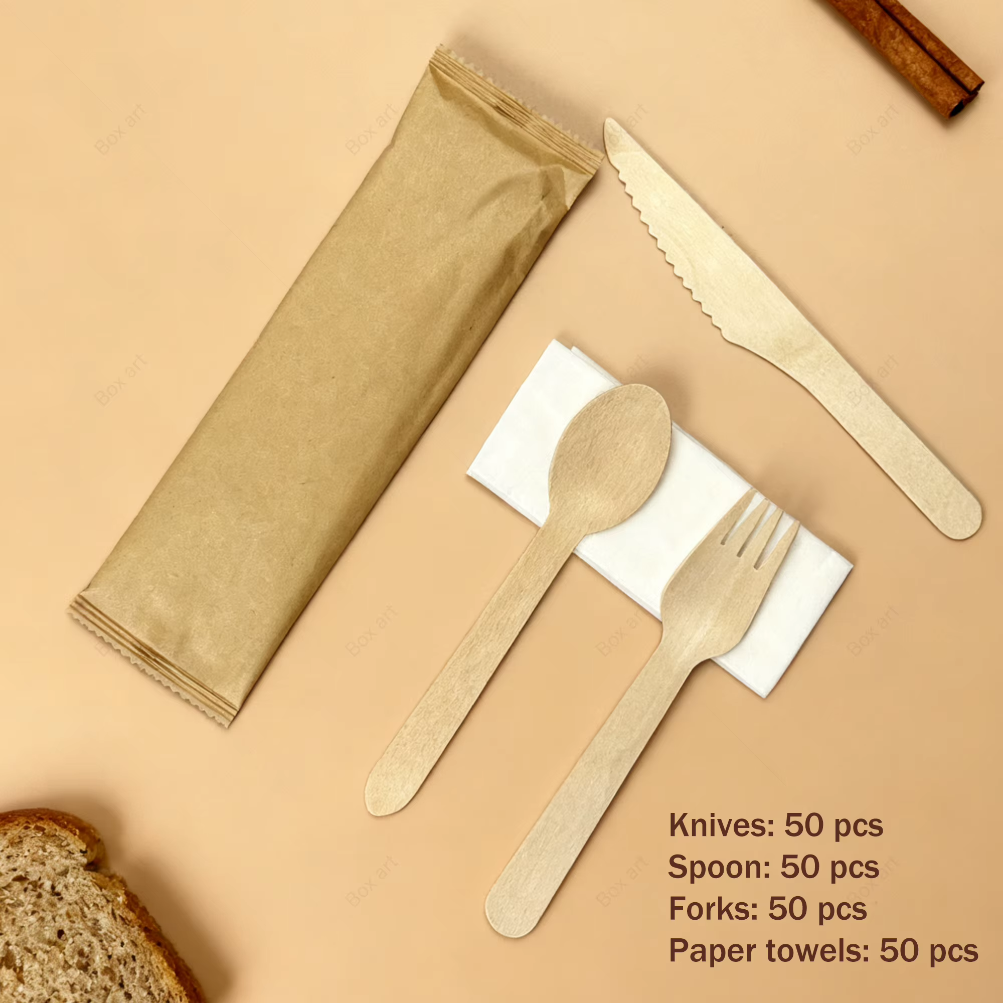 Ensemble de couverts jetables en bois de 50 pièces (couteau + fourchette + cuillère + serviette) fabriqués