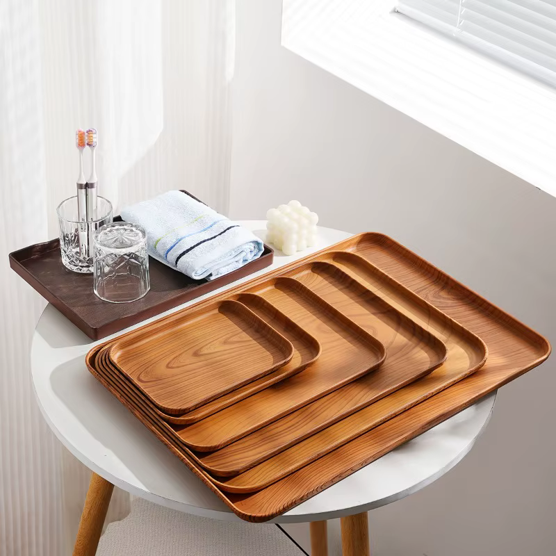 Plateau de service rectangulaire en plastique grain de bois