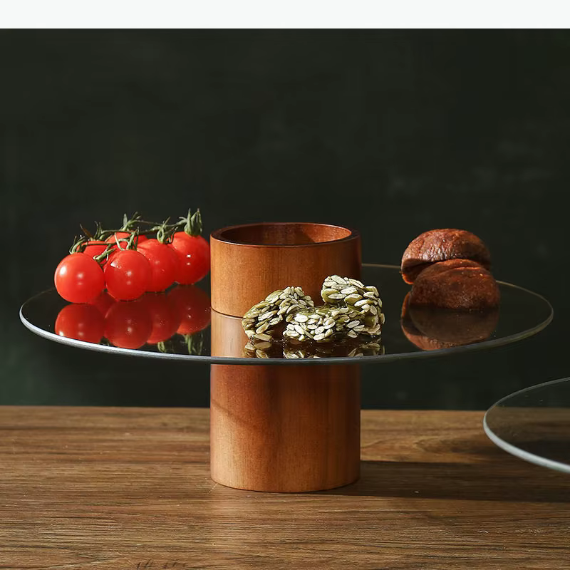 Plateau à gâteau en bois massif et verre, assiette à dessert sur pied, assiettes à pâtisserie, support à gâteau, assiette à fruits, plat à dim sum, assiette à pain, bol à snacks