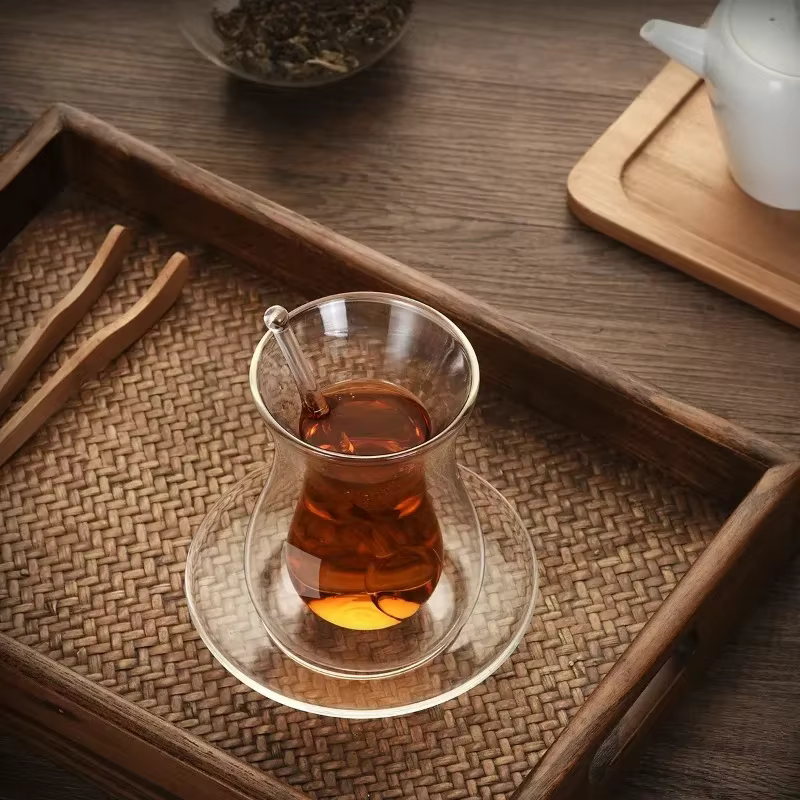 Beauté tasse à thé noir soucoupe cuillère à café ensembles turc Bohea Double paroi verre isolé thermique