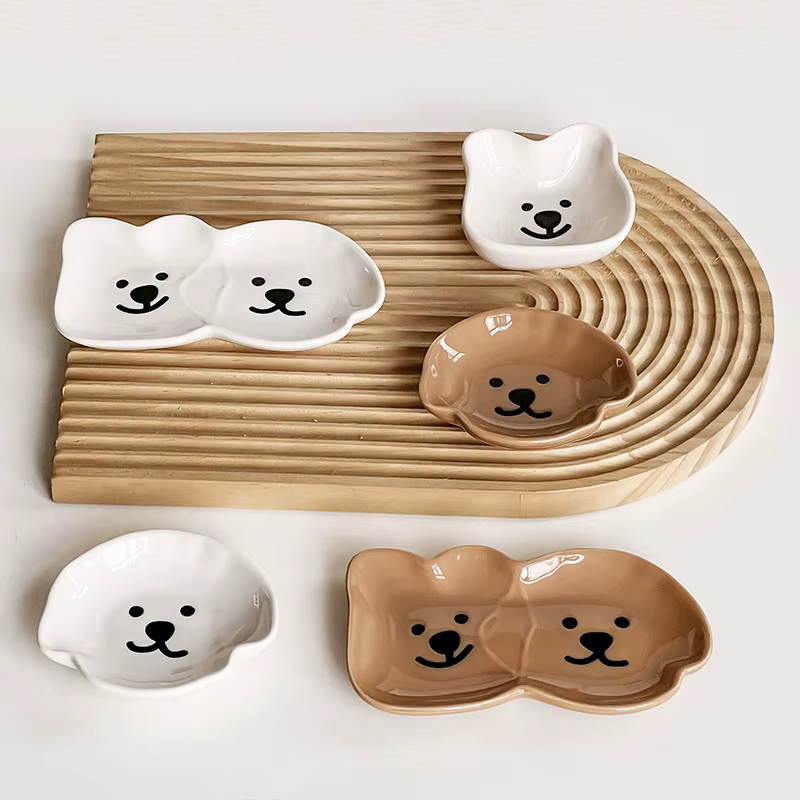 Adorable plat à sauce en céramique avec motif de chien et d'ours mignon – Bol à tremper simple/double compartiment pour
