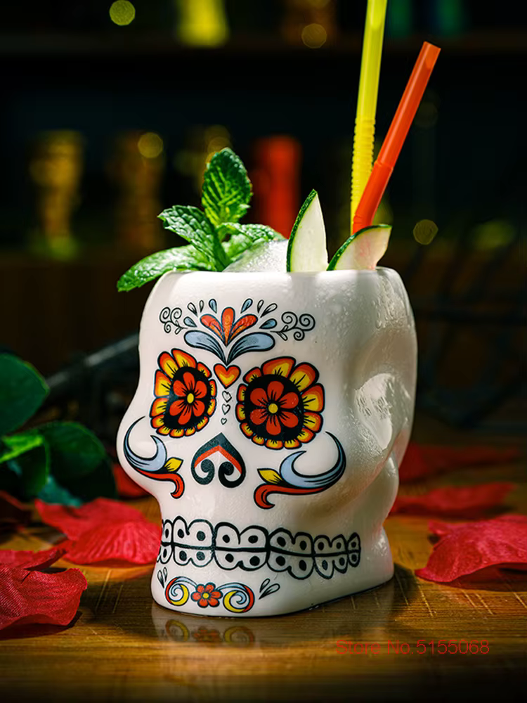 Verre à Cocktail en Céramique avec Motif de Fleur et Crâne