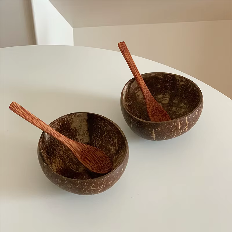 # Bol en noix de coco naturel fait main | Vaisselle écologique avec fourchette et cuillère pour dessert