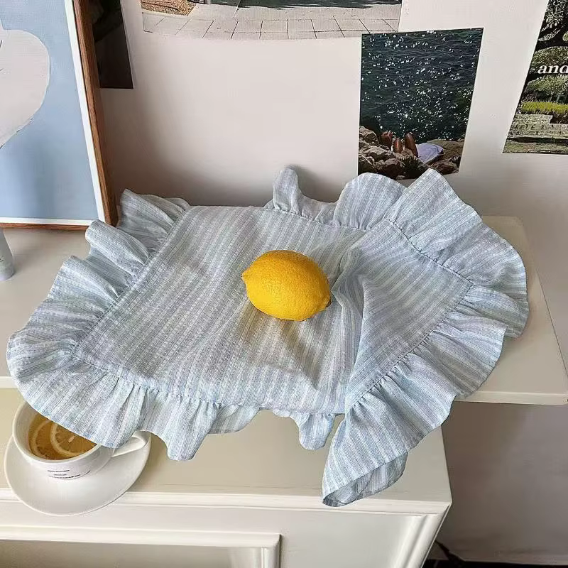 Napperons à volants rayés rose et bleu – Ensemble de décoration de table mignon pour la cuisine