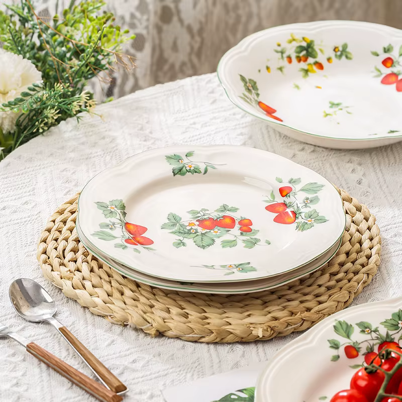 Ensemble d'assiettes et bols rétro aux fraises