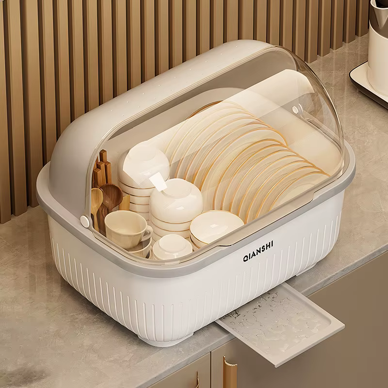 Égouttoir à vaisselle avec couvercle de protection - Meuble de rangement de cuisine peu encombrant et anti-poussière