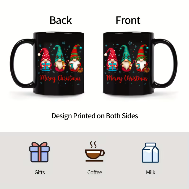 Tasse de Noël, elfe noir avec cadeaux et texte "Joyeux Noël"
