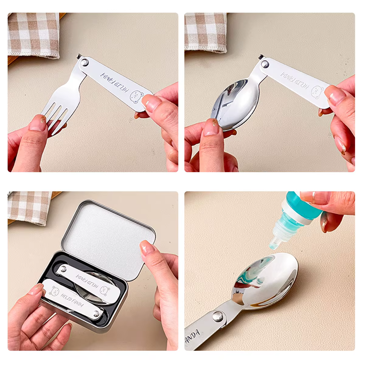 WORTHBUY Service de vaisselle pliable Portable 3 pièces/ensemble, fourchette pliante en acier inoxydable 304, cuillère avec boîte à couverts, vaisselle de pique-nique mignonne