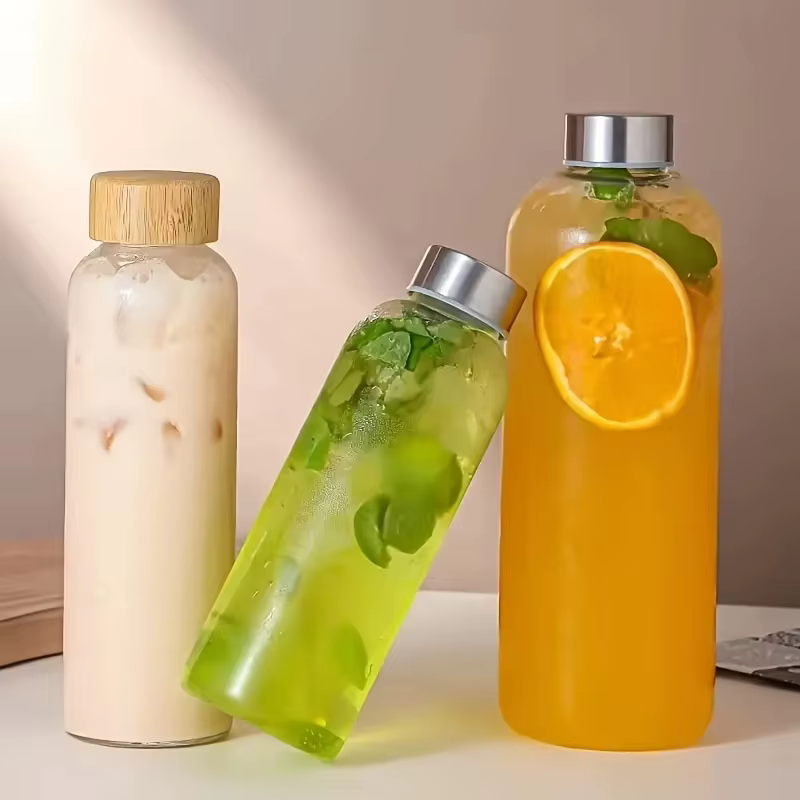 1 bouteille en verre borosilicate avec couvercles en bambou