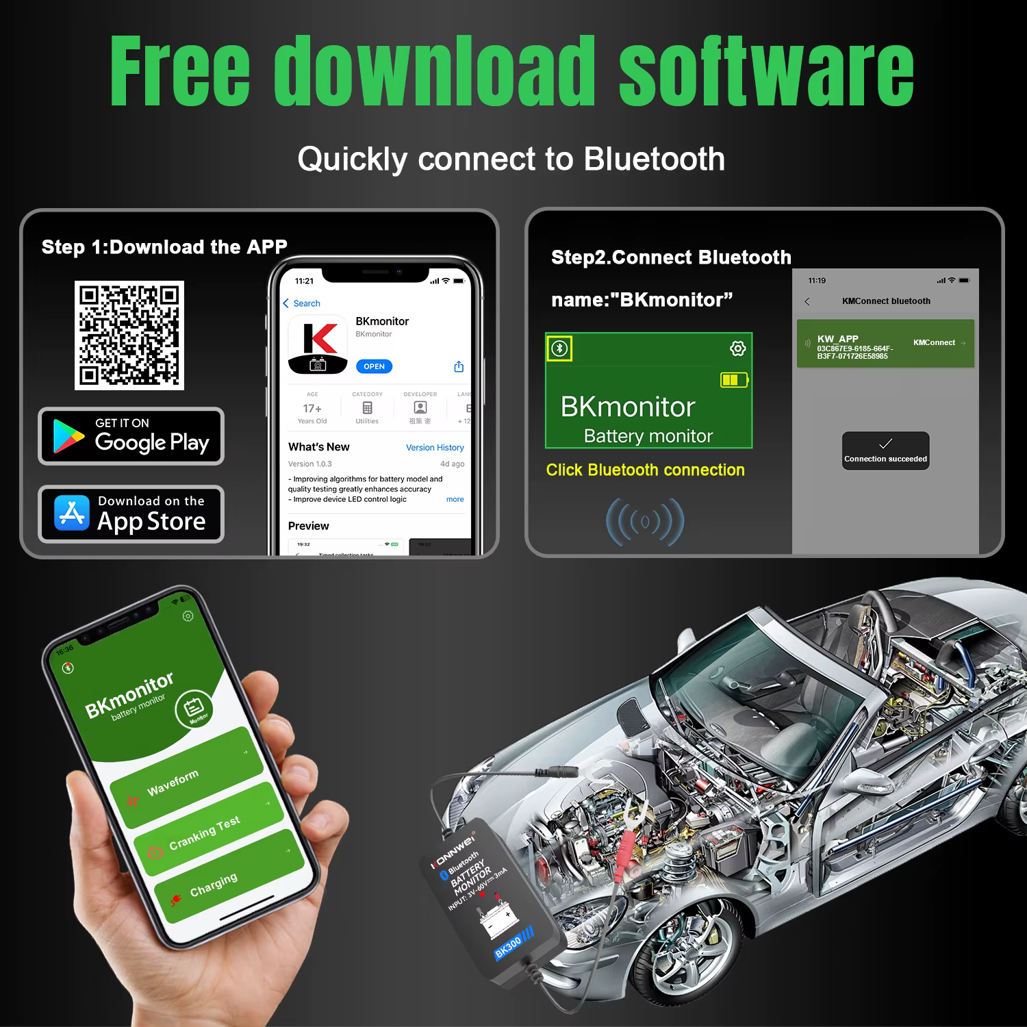 KONNWEI BK300 12V moniteur de batterie sans fil bluetooth5.0 batterie de voiture santé APP surveillance testeur de batterie outils pour Android IOS