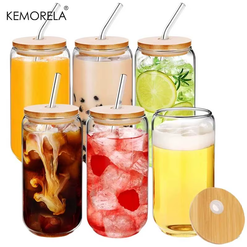 Lot de 2/4/6 gobelets en forme de boîte en verre de 500 ml avec couvercles et pailles anti-déversement et brosses de nettoyage en paille - Idée cadeau d'anniversaire