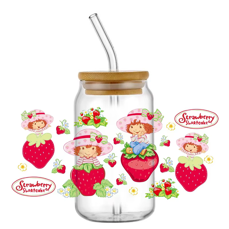 Autocollants UV DTF Fraise Douce pour Filles, Motifs Fruits et Fleurs Mignons pour Bouteilles en Verre de 16 oz, Décalcomanies de Transfert DIY Imperméables