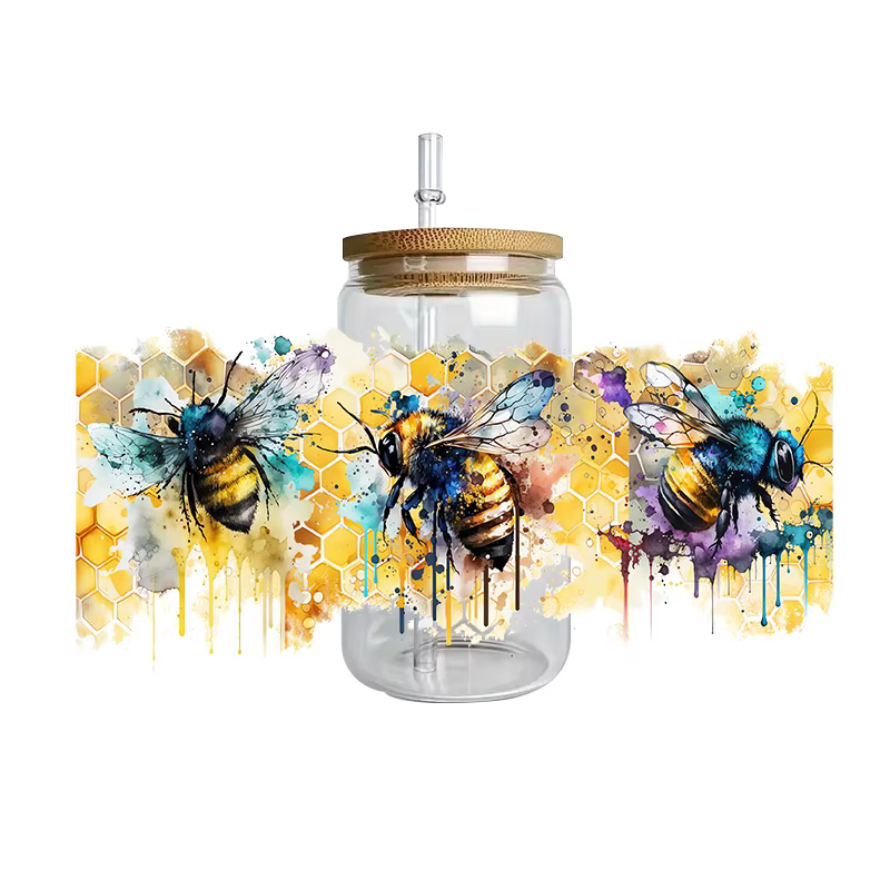 Thème abeille miel 16oz Libbey verre tasse enveloppes bricolage UV DTF autocollant motif papillon étanche 3D