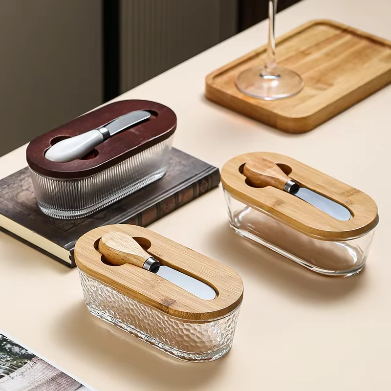 Porte-beurre en verre avec couvercle et couteau à beurre