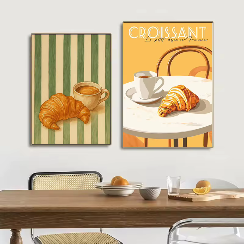 Style rétro Croissant & café petit déjeuner français cuisine nourriture affiche toile peinture mur Art photos maison