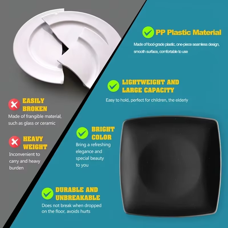 Ensemble de 8 pièces - Assiettes carrées en plastique incassable