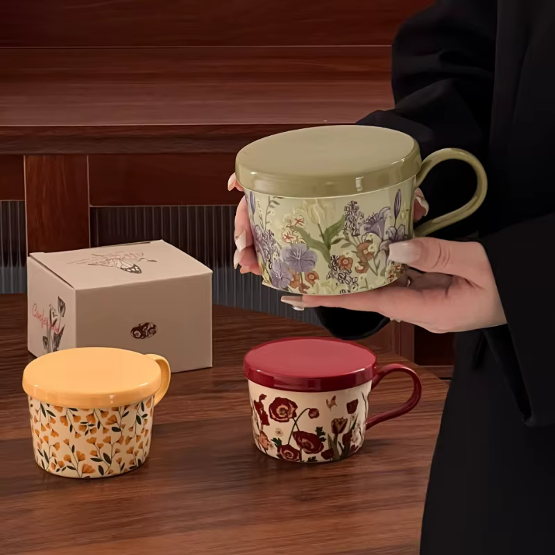 Mug à café en céramique vintage à motif floral avec couvercle